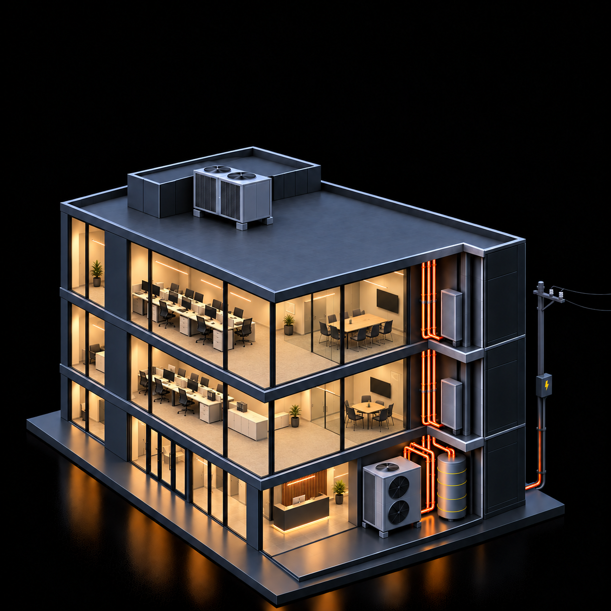 Architectural cutaway of a three-storey commercial office building with warm occupied floors, heat pumps, a thermal storage tank and an electricity distribution pole