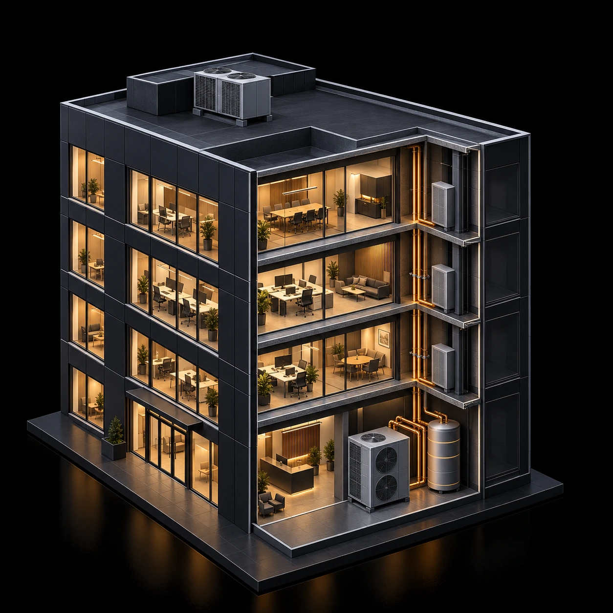 Architectural cutaway of a commercial office building with warm occupied floors, heat pumps and a thermal storage tank