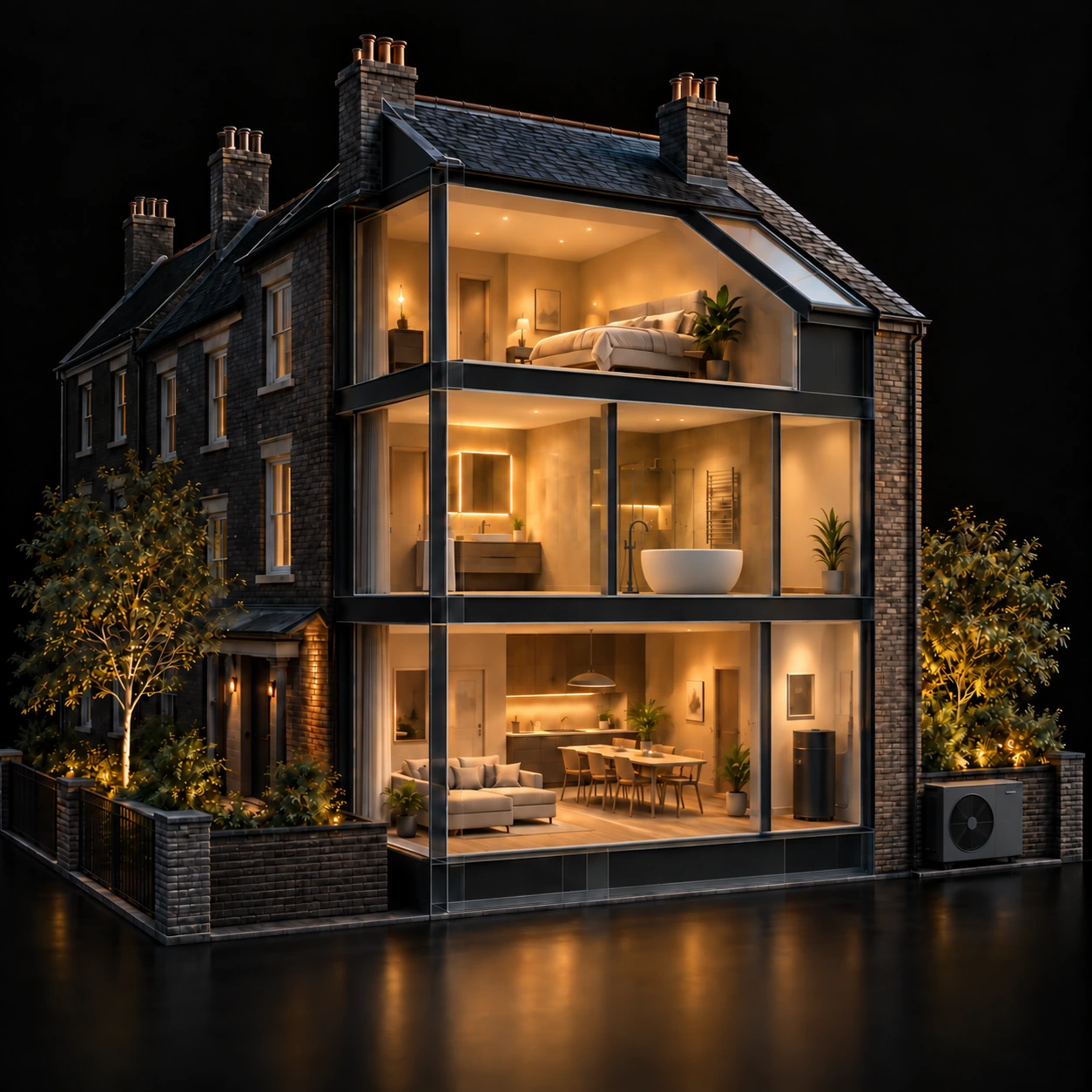 Architectural cutaway of a residential house with warm interiors and an outdoor heat pump
